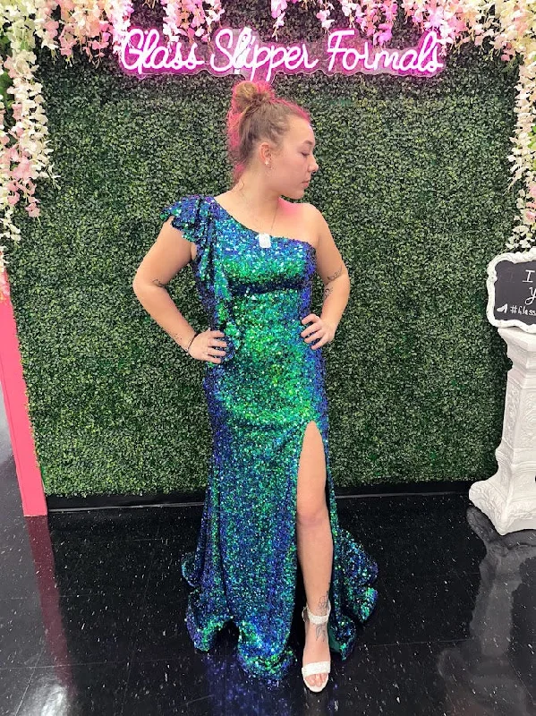 Ava Presley 39280 Size 10 Teal Long Iridescent Sequin Ruffle One Shoulder Prom Dress Slit Pageant Gown Sequin Dress Fashion