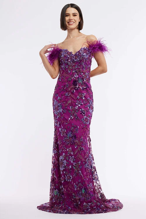 Vienna Prom 8867 Size 16 Purple Long Sheer Sequin Corset Prom Dress Feather Formal Gown Beaded Pageant Sequin A-line Dress