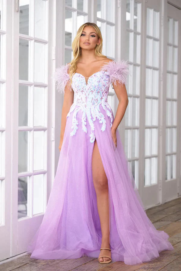 Ava Presley 39213 Size 14 Lilac A Line off the shoulder Shimmer Feather Prom Dress Slit Sequin Gown Sequin Dress Appeal