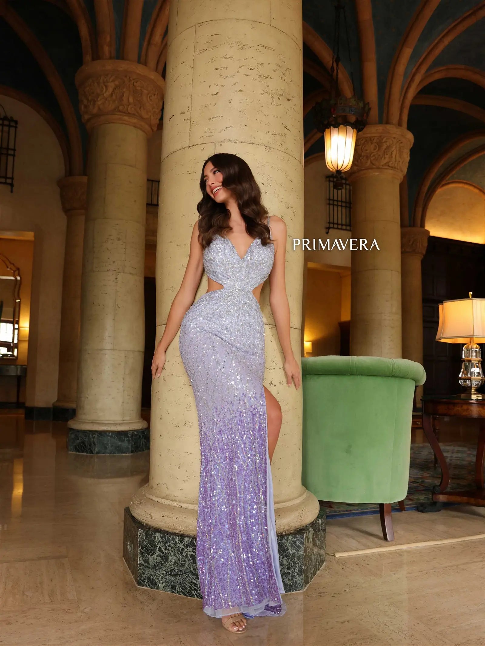 Primavera Couture 4136 Size 0 Lilac Sequin Cutout Backless Corset Prom Dress Slit Ombre Beaded Gown Party Sequin Dress