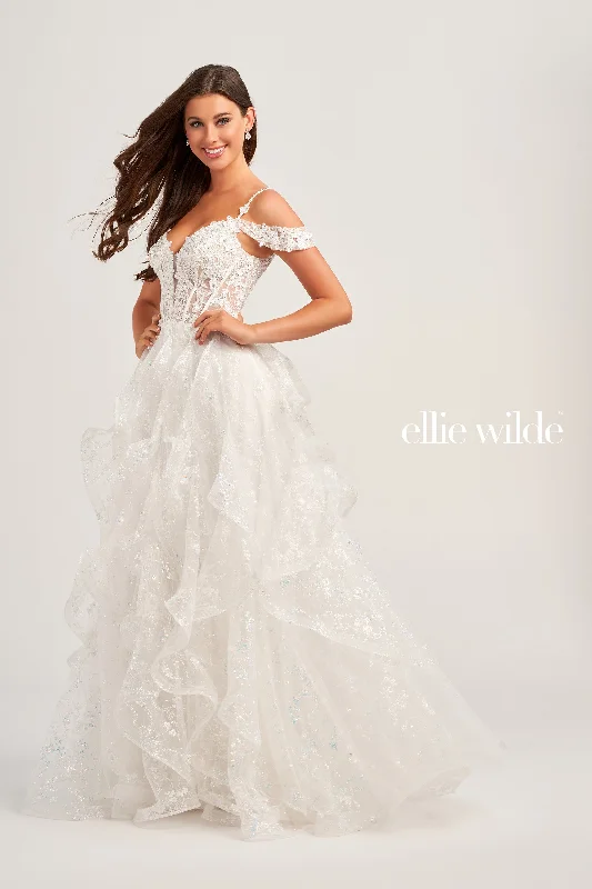 Ellie Wilde EW35218 Size 10 White Long Sheer corset Sequin Ruffle Ballgown Prom Dress off the Shoulder Sequin Shift Dress