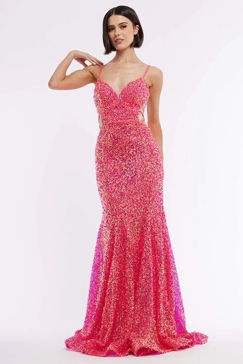 Vienna Prom 8878 Size 0 Fuchsia Backless sheer Cut out sequin Prom Dress Formal Fitted Gown Pageant Sequin Bodycon Dress