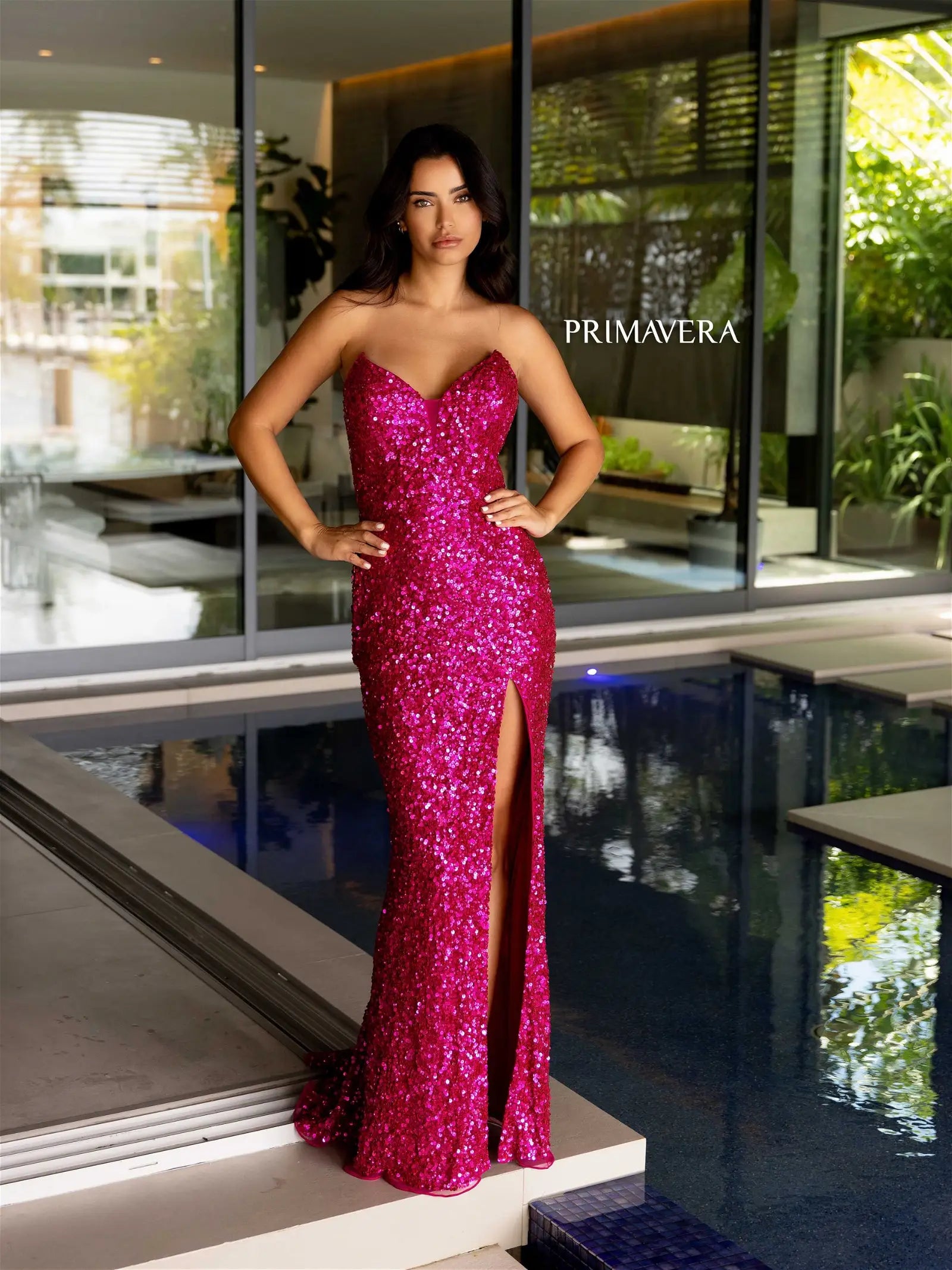 Primavera Couture 4192 Size 00,8,14 Fuchsia Sequin Strapless Prom Dress Peak Point Pageant Gown Slit Formal Bright Sequin Dress