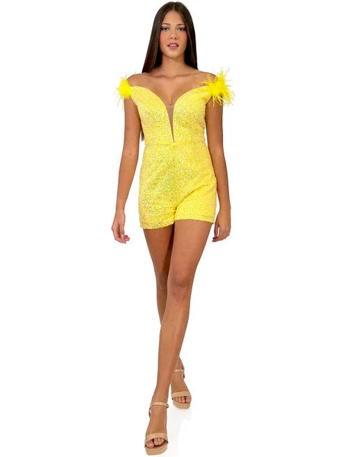 Marc Defang 8252 Size 4 Yellow Short Sequin Pageant Romper off the shoulder feather v neck fun fashion Black Sequin Dress