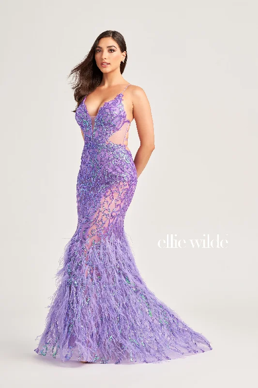 Ellie Wilde EW35006 Size 2 Iris Sheer Sequin Prom Dress Backless Gown Feather Skirt Formal Gown Silver Sequin Dress