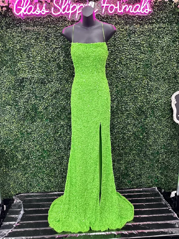 Amarra 94282 Size 00 Neon Green Long Fitted Sequin Backless Corset Slit Prom Dress Scoop Neck Formal Pageant Gown Elegant Sequin Gown