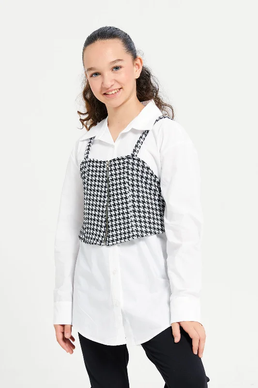 Senior Girls White And Black Embellished Tunic Top