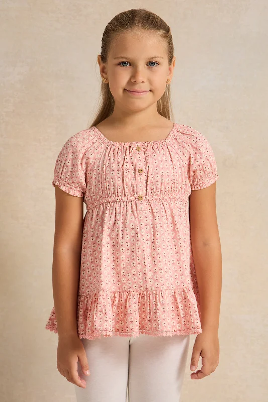 Girls Pink Allover Print Satin Blouse