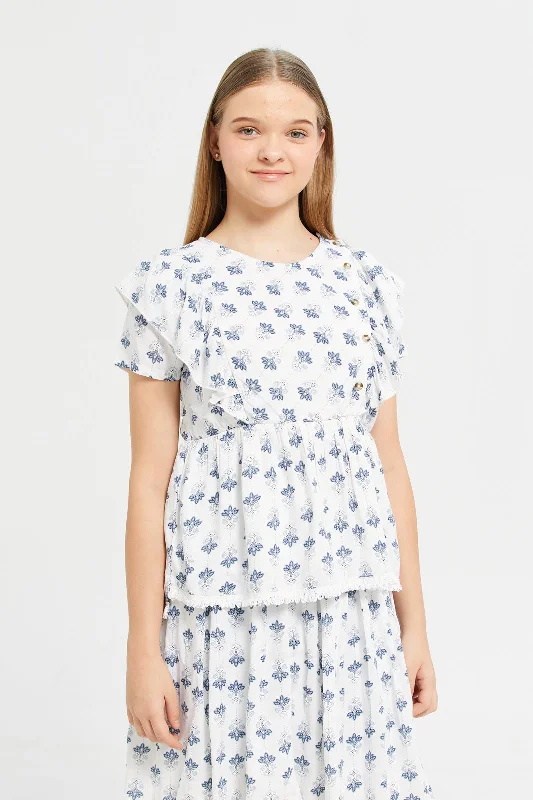 Senior Girls White And Blue Floral Ruffled Front  Blouse