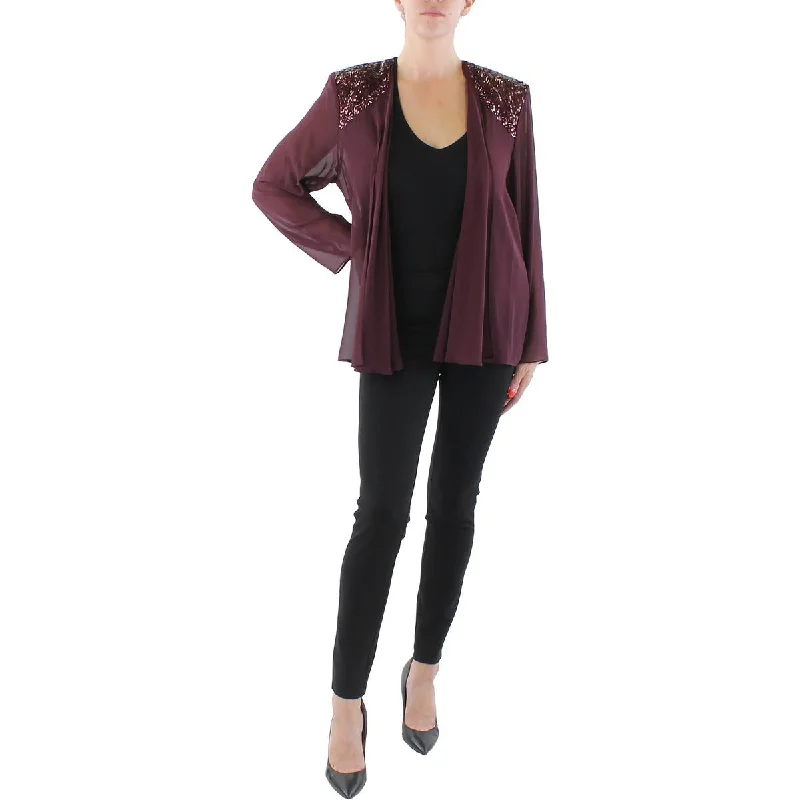 Plus Womens Chiffon Embellished Collarless Blazer Classic Blazer Jacket