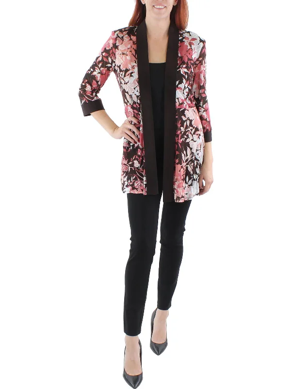 Womens Floral Print Midi Open-Front Blazer Checked Blazer for Women