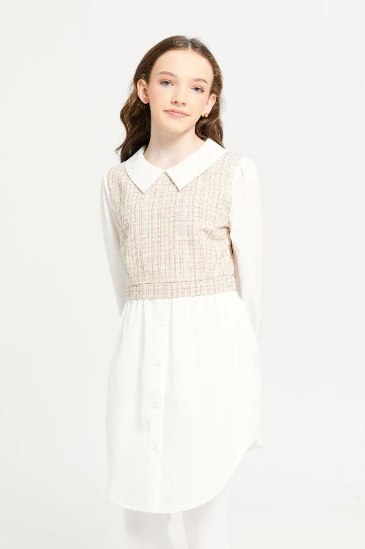 Senior Girls White And Beige Blouse