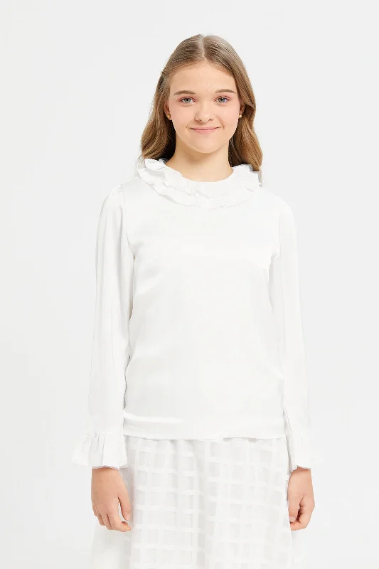 Senior Girls White Ruffled Neck Top