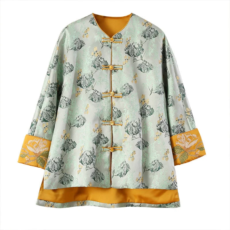 Loose Round Neck Floral Jacquard Long Sleeve Women's Tang Suit