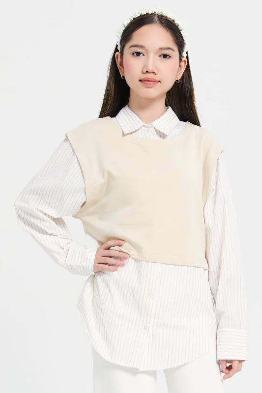 Senior Girls White And Beige Striped Top