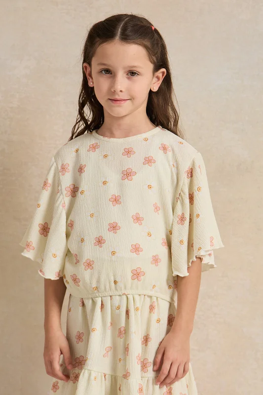 Girls Cream Flower Allover Print Blouse