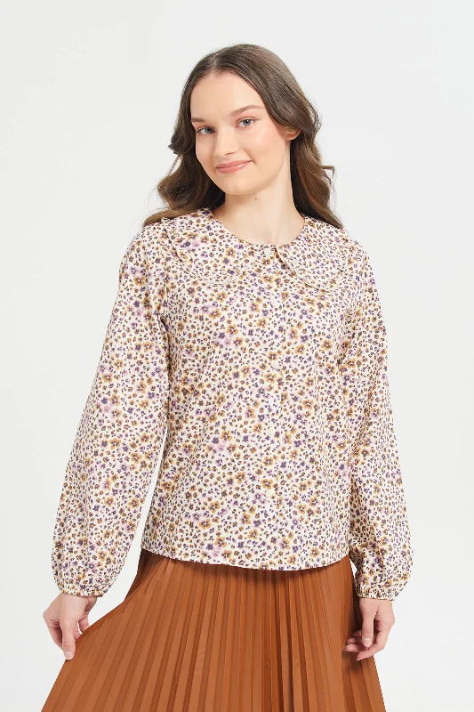 Senior Girls Beige Peter Pan Collar Top