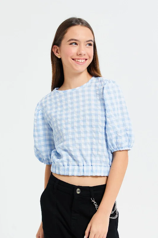 Girls Senior Blue Checkered Cropped Blouse