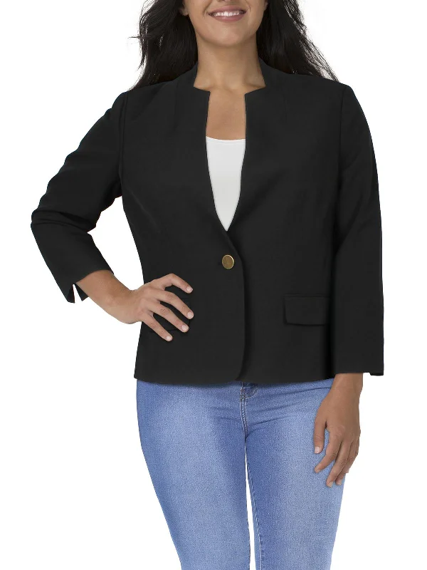 Petites Womens Knit Long Sleeves One-Button Blazer Double Button Blazer