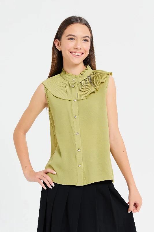 Senior Girls Olive Pleated Collar Top