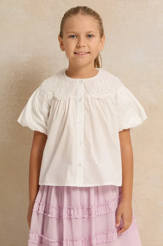 Girls White Puff Sleeve Lace Collared Blouse