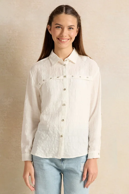 Senior Girls White Embellished Shirt With Eyelets Contrast