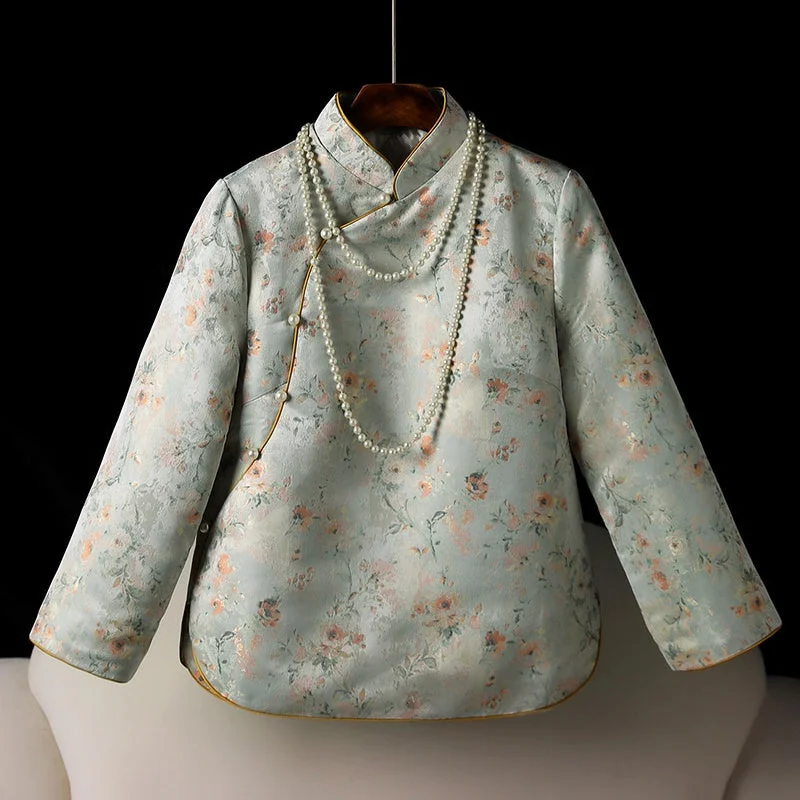 Autumn Winter Quilted Thickened Vintage Mandarin Collar Cotton Jacket for Women