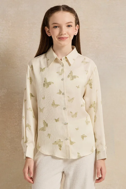 Senior Girls Green And Cream Printed Shirt