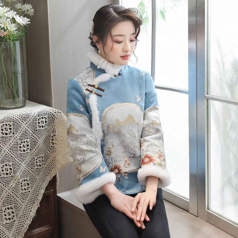 High Collar Fancy Cotton Fur Edge Women's Chinese Style Jacket Wadded Coat