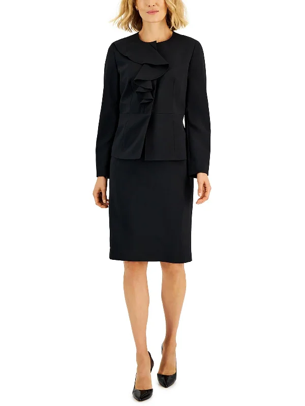 Womens Ruffled Crepe Skirt Suit Classic Office Blazer