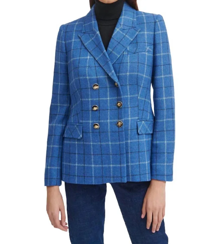 Andes Double Breasted Tweed Blazer In Blue Zipper Blazer for Women