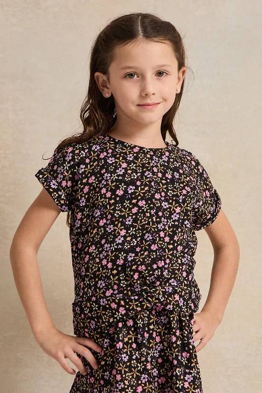 Girls  Black Floral Allover Print Blouse