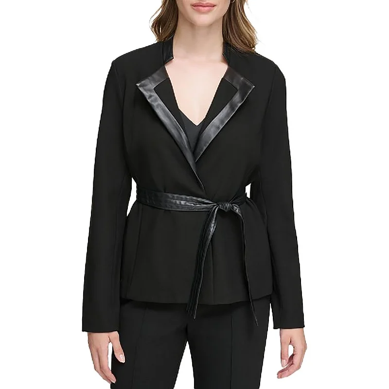 Womens Knit Faux Leather Trim Open-Front Blazer Office Ready Blazer