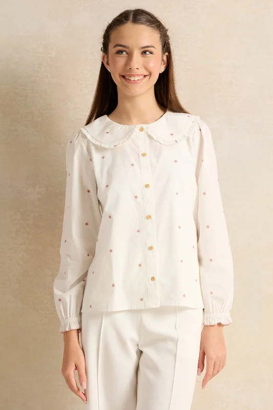 Senior Girls White Floral Printed Blouse