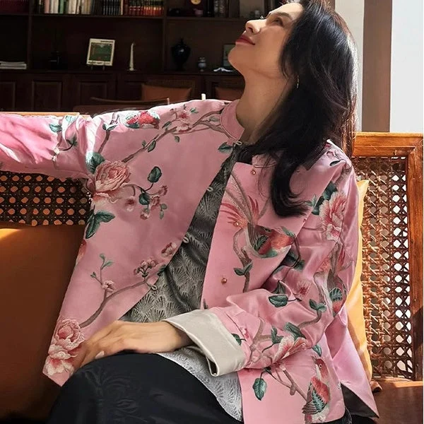 Elegant Pink Chinese-Inspired Floral Print Tang Jacket for Women