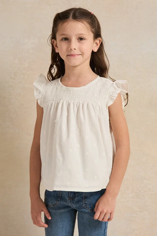 Girls White Allover Embroidered Blouse