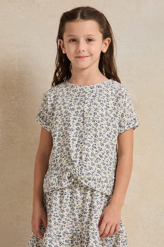 Girls White Floral Allover Print Blouse