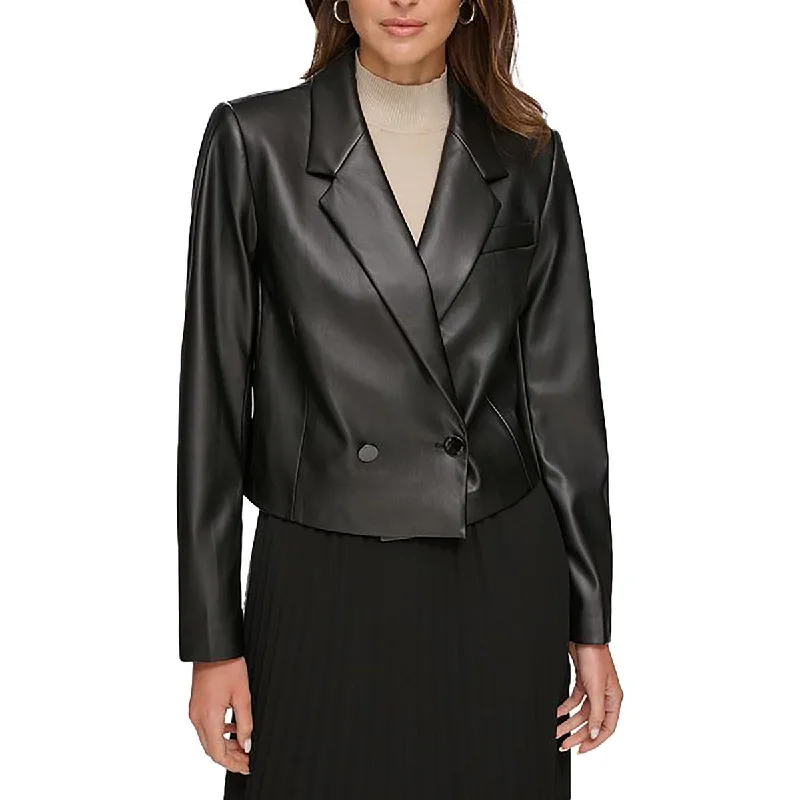 Womens Faux Leather Crop One-Button Blazer Classic Style Blazer