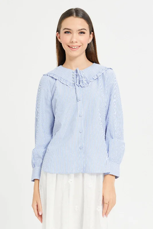 Senior Girls Blue Striped Peter Pan Collar Blouse