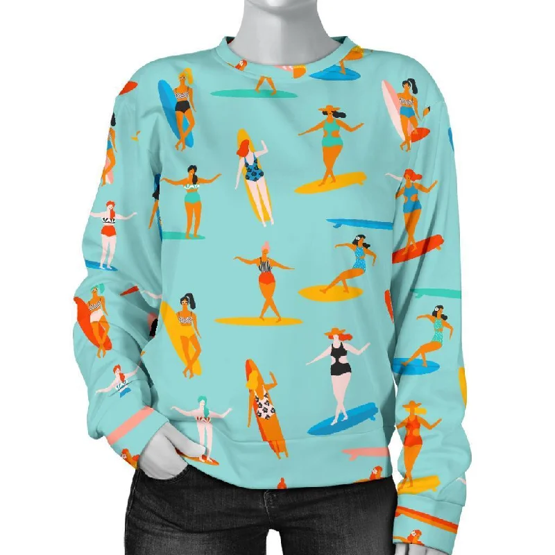 Beach Surfing Pattern Print Women's Sweatshirt V-neck sweaters