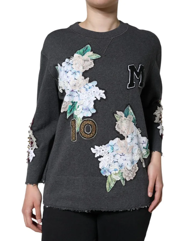 Dolce & Gabbana  Women's Floral Embroidered Sweatshirt Gray Streetwear sweaters