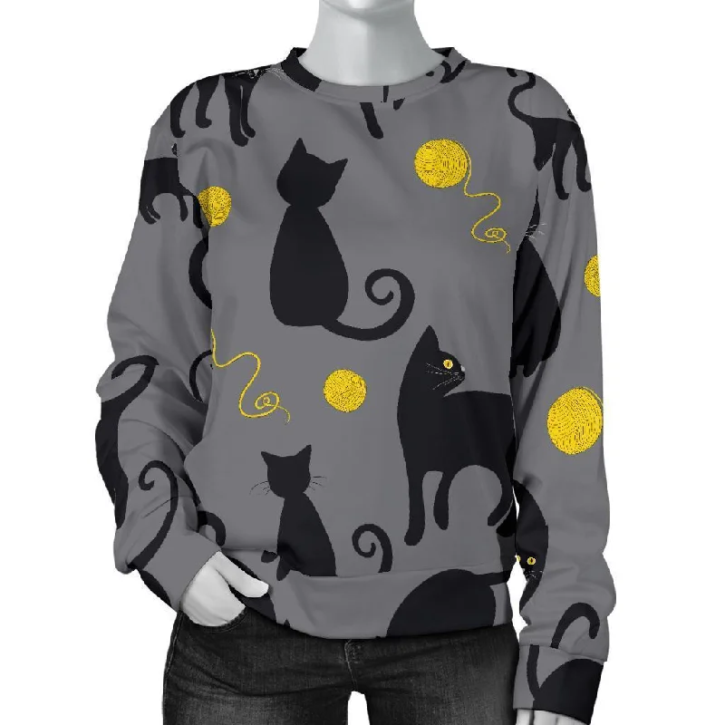 Black Cat Knit Pattern Print Women's Sweatshirt Discounted sweaters