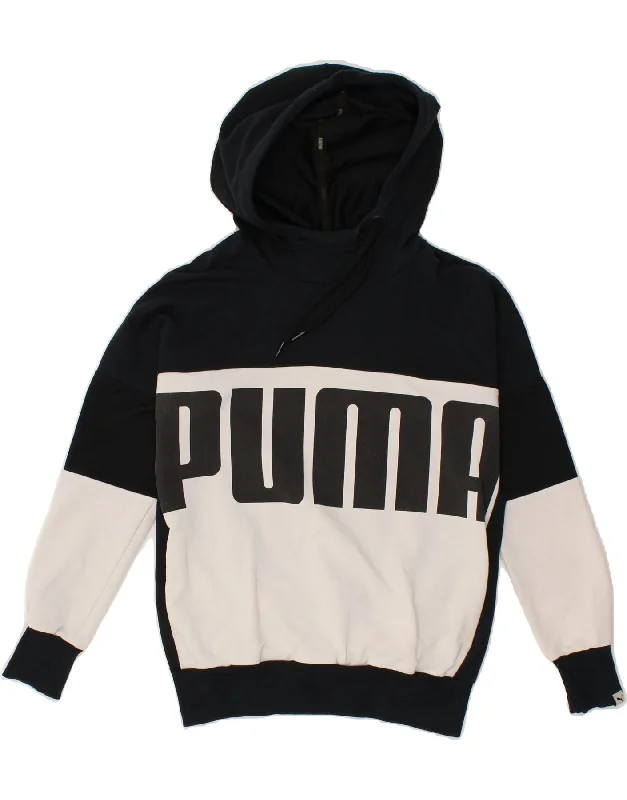 PUMA Womens Oversized Graphic Hoodie Jumper UK 6 XS Black Colourblock Cotton sweaters