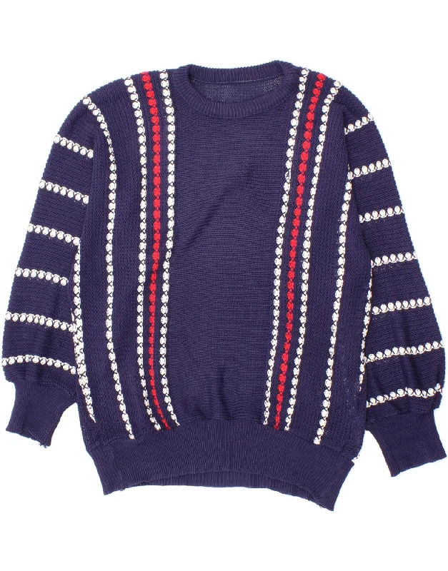 VINTAGE Womens Crew Neck Jumper Sweater UK 14 Medium Navy Blue Striped Stretchable sweaters