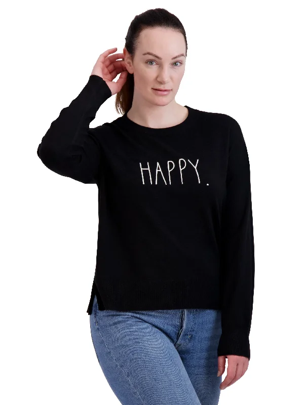 Women's Embroidered "HAPPY" Knit Black Sweater College sweaters