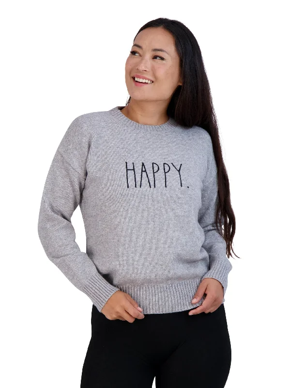 Women's Embroidered "HAPPY" Knit Gray Sweater Women's fashion sweaters sale