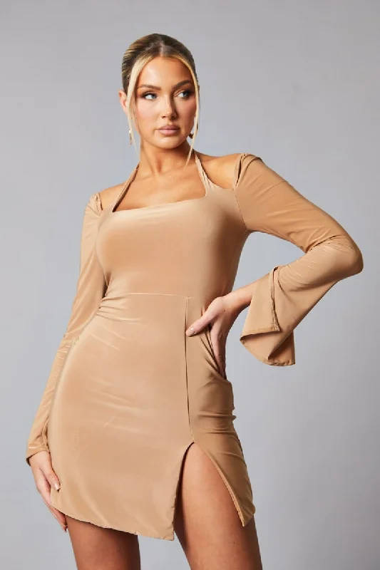 Camel Tie Neck Front Slit Mini Dress - Alinta Party mini dresses