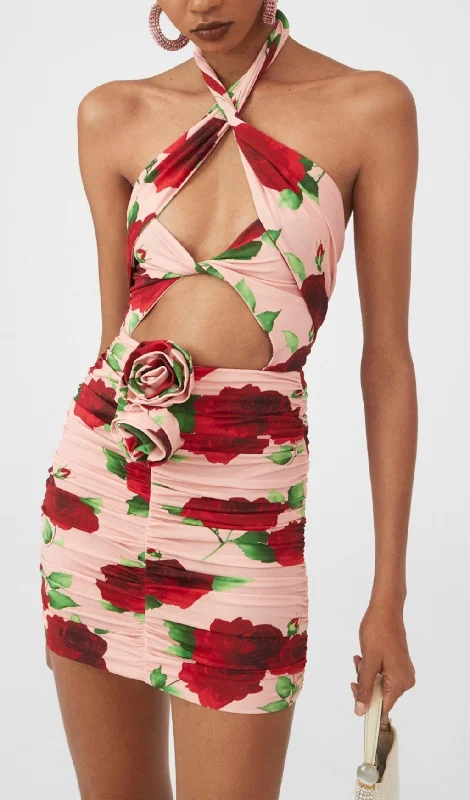 FLORAL- PRINT HALTER MINI DRESS IN CHERRY BLOSSOM Prom mini dresses