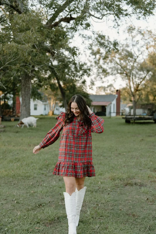 Red Plaid Tiered Shirt Dress Satin mini dresses