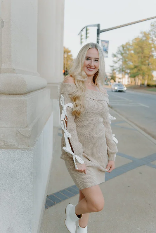 Taupe Bow Sleeve Knit Mini Dress Sleeveless mini dresses